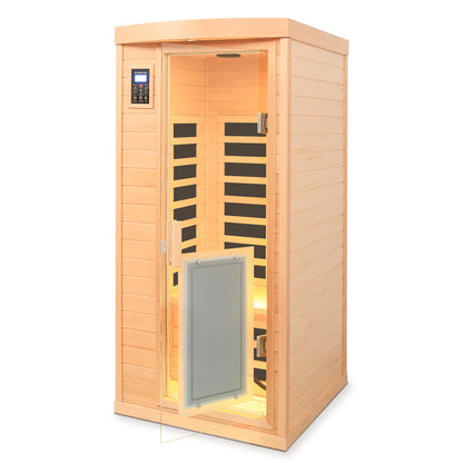 1-Person Hemlock Far-Infrared Indoor Sauna with Front-Door Heating Panel, Low EMF, Bluetooth Natural