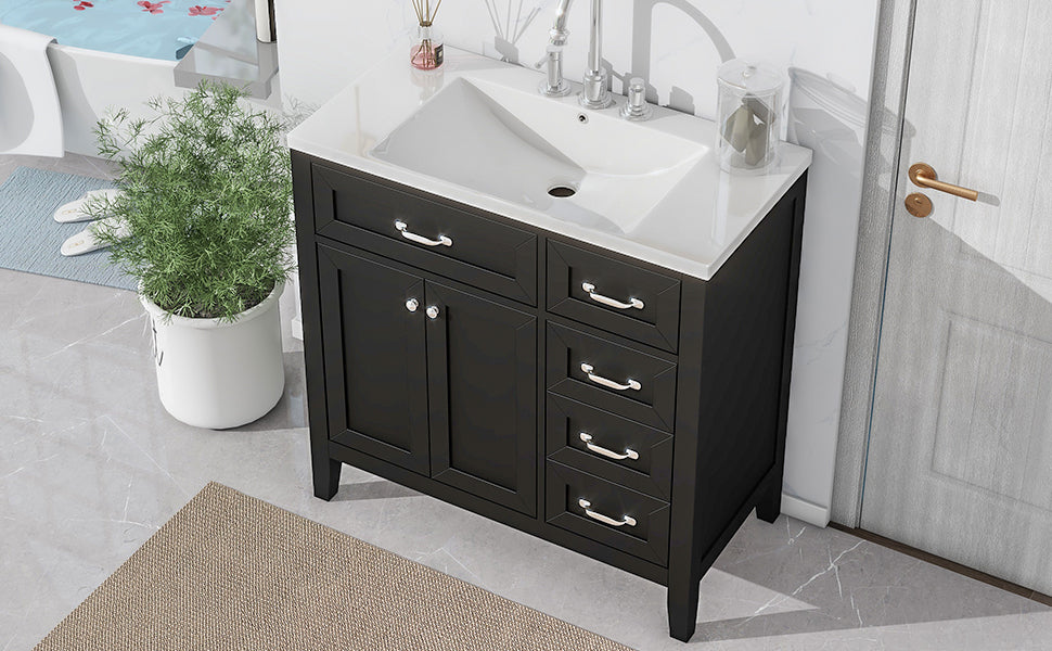 Stylish 36-Inch Black Bathroom Vanity with Integrated Sink, Durable MDF and Solid Wood Construction, Convenient Storage Drawers