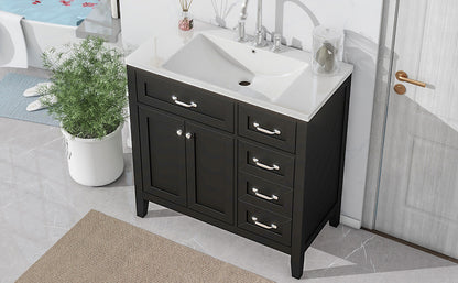 Stylish 36-Inch Black Bathroom Vanity with Integrated Sink, Durable MDF and Solid Wood Construction, Convenient Storage Drawers