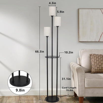 3-Light Floor Lamp with Shelves, Industrial Modern Floor Lamp, Linen Shade, Foot Pedal, 66in Black