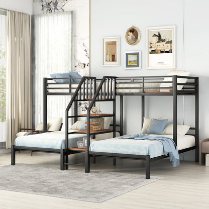 Black Metal Triple Bunk Bed with Storage Shelves and Staircase - Twin Over Twin Configuration
