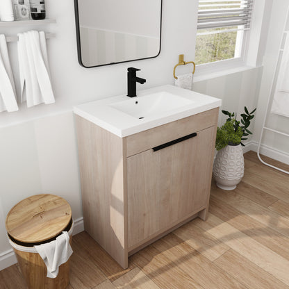30-Inch Light Oak Freestanding Bathroom Cabinet with Soft-Close Doors & Integrated Resin Sink