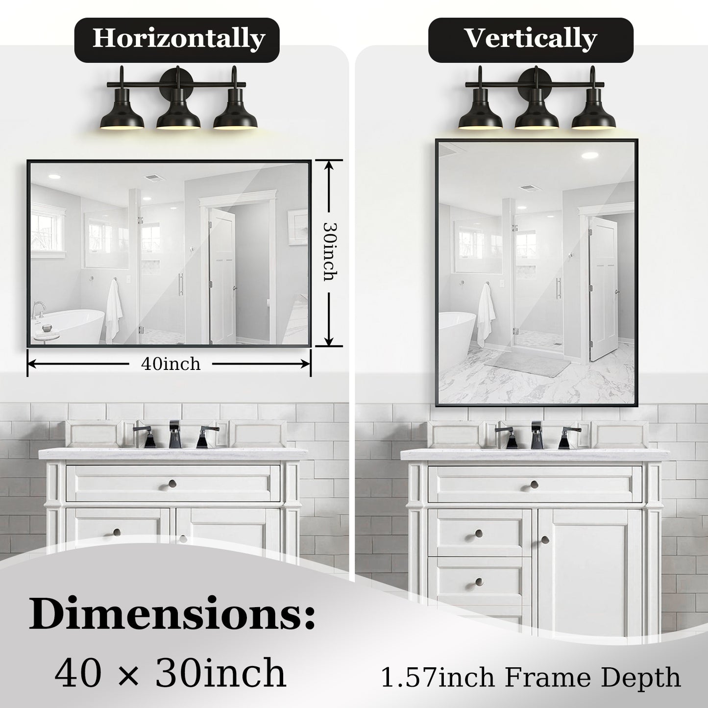 40x30inch Glossy Black Bathroom Mirrors For Wall Rectangle Vanity Mirror Corner Hangs Farmhouse Mirror Modern Metal Framed Rectangular Mirror, Decorative Square Corner Mirror(Horizontal & Vertical)