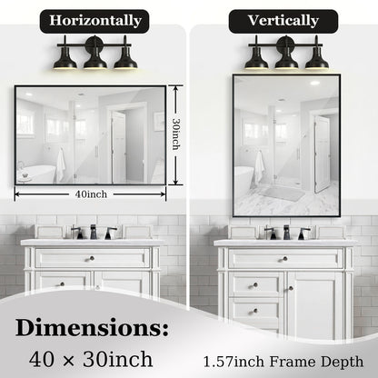 40x30inch Glossy Black Bathroom Mirrors For Wall Rectangle Vanity Mirror Corner Hangs Farmhouse Mirror Modern Metal Framed Rectangular Mirror, Decorative Square Corner Mirror(Horizontal & Vertical)