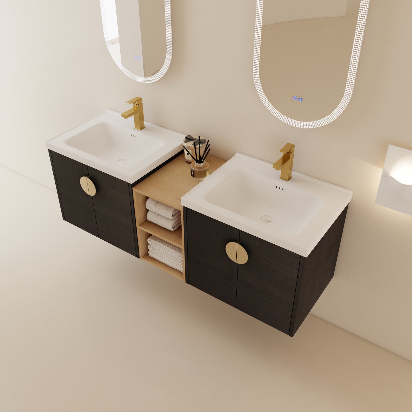 60 Inch Wall-Mounted Bathroom Vanity with Soft Close Doors and Ceramic Sink, Includes Small Storage Shelves - BVC06360BCT