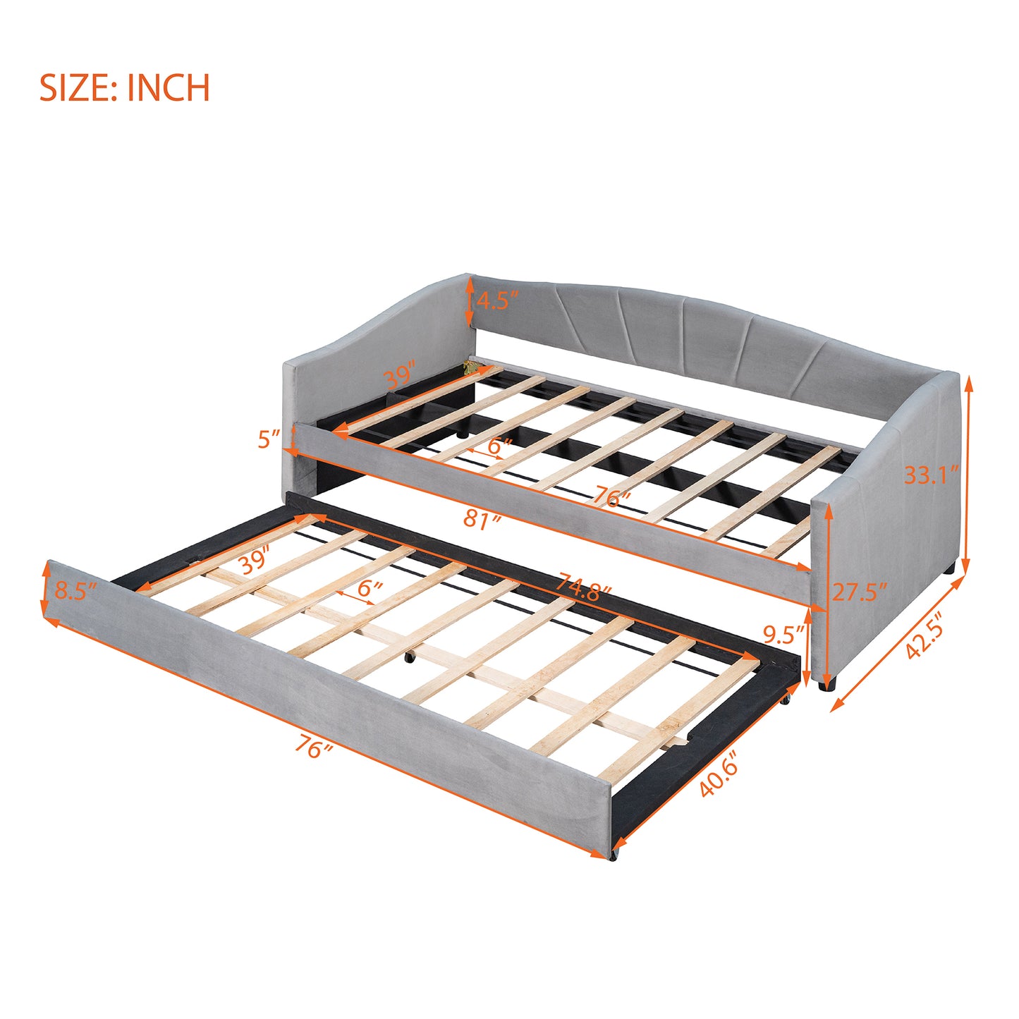 Elegant Gray Upholstered Twin Daybed Sofa with Trundle and Wooden Slats