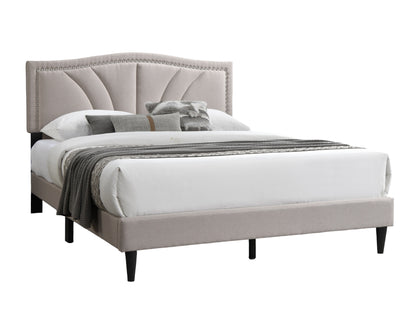 Chic Vintage Queen Bed with Light Brown Burlap Fabric and Nailhead Trim Headboard