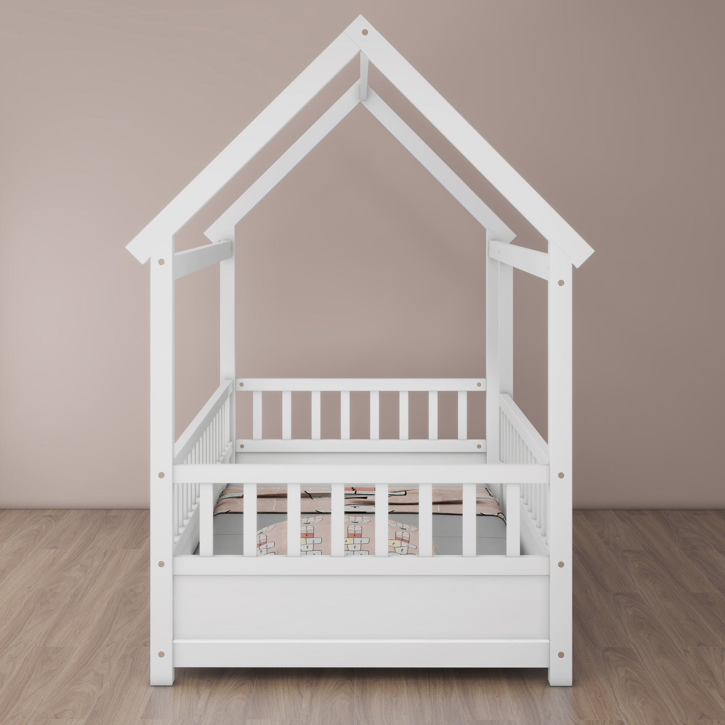 Whimsical Twin Floor Bed with House Roof and Safety Guardrails in White