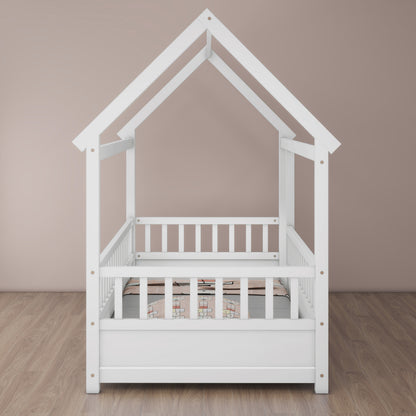 Whimsical Twin Floor Bed with House Roof and Safety Guardrails in White