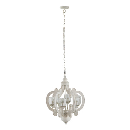 Farmhouse 6-Light Wood Chandelier Pendant with Adjustable Chain for Dining Room and Entryway Cream Finish