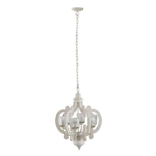 Farmhouse 6-Light Wood Chandelier Pendant with Adjustable Chain for Dining Room and Entryway Cream Finish
