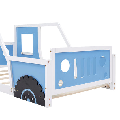 Blue Twin Size Car-Themed Platform Bed with Wheels