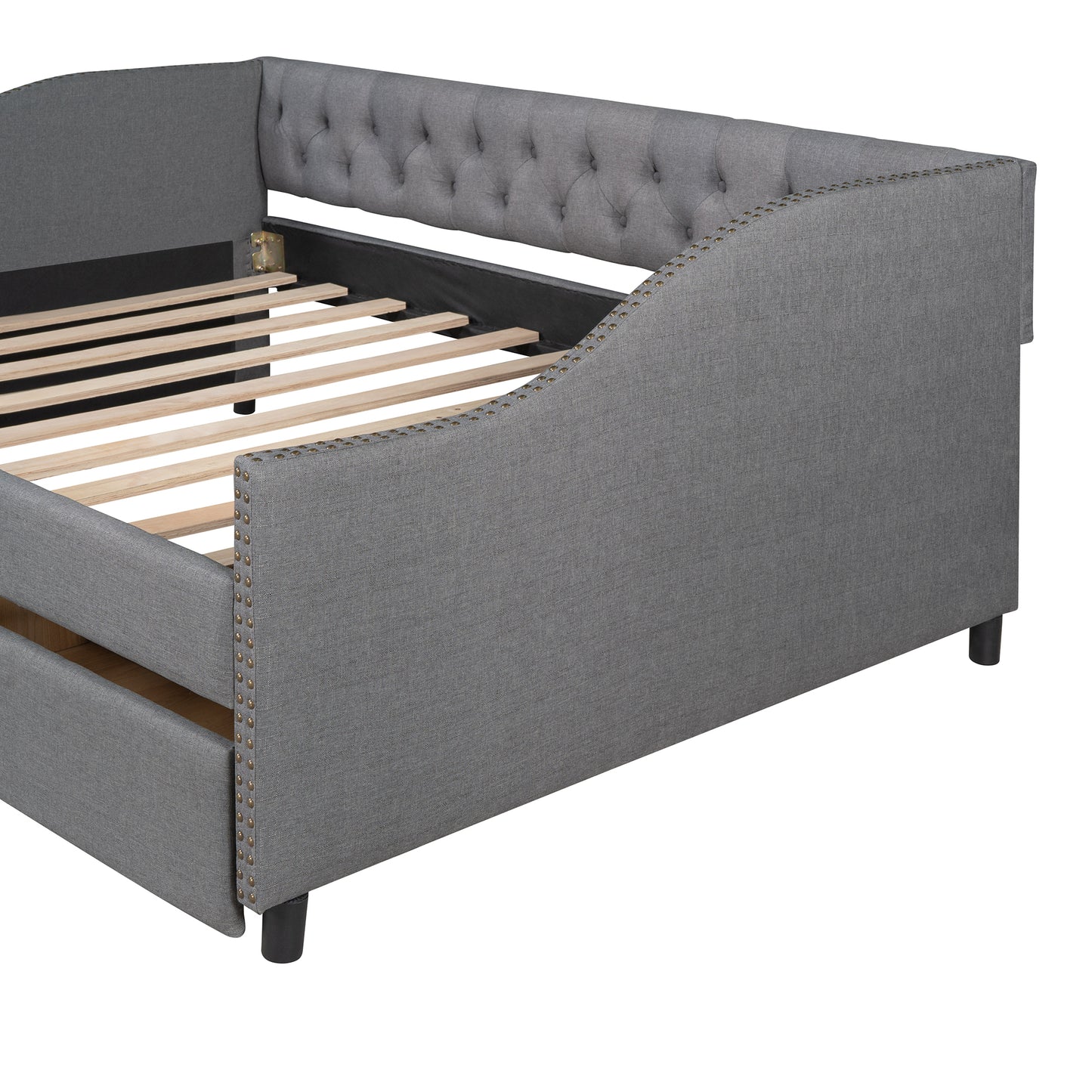 Elegant Gray Upholstered Full Size Daybed with Storage Drawers and Wood Slat Support