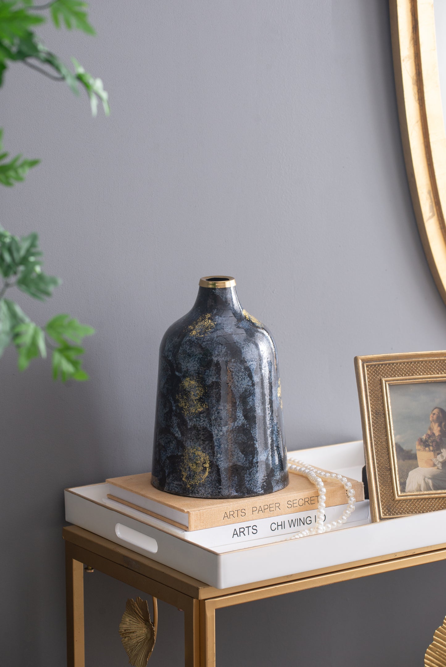 Contemporary Decorative Glass Vase, 6.7 x 10.2 Inches, Ideal for Console Table, Mantel or Shelving Display, Blue and Gold