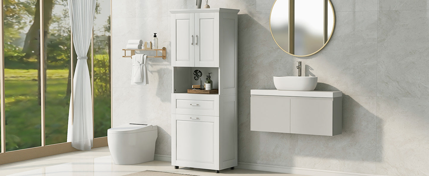 White Tall Storage Cabinet with Tilt-Out Laundry Hamper and Upper Shelves