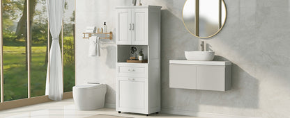 White Tall Storage Cabinet with Tilt-Out Laundry Hamper and Upper Shelves