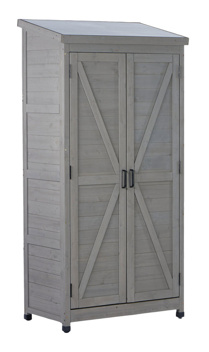 Outdoor Wooden Storage Shed With Metal Top Tall Vertical Tool Cabinet For Backyard Garden Patio Lawn 68 Inch High Grey