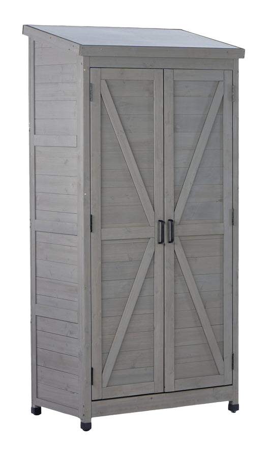 Outdoor Wooden Storage Shed With Metal Top Tall Vertical Tool Cabinet For Backyard Garden Patio Lawn 68 Inch High Grey