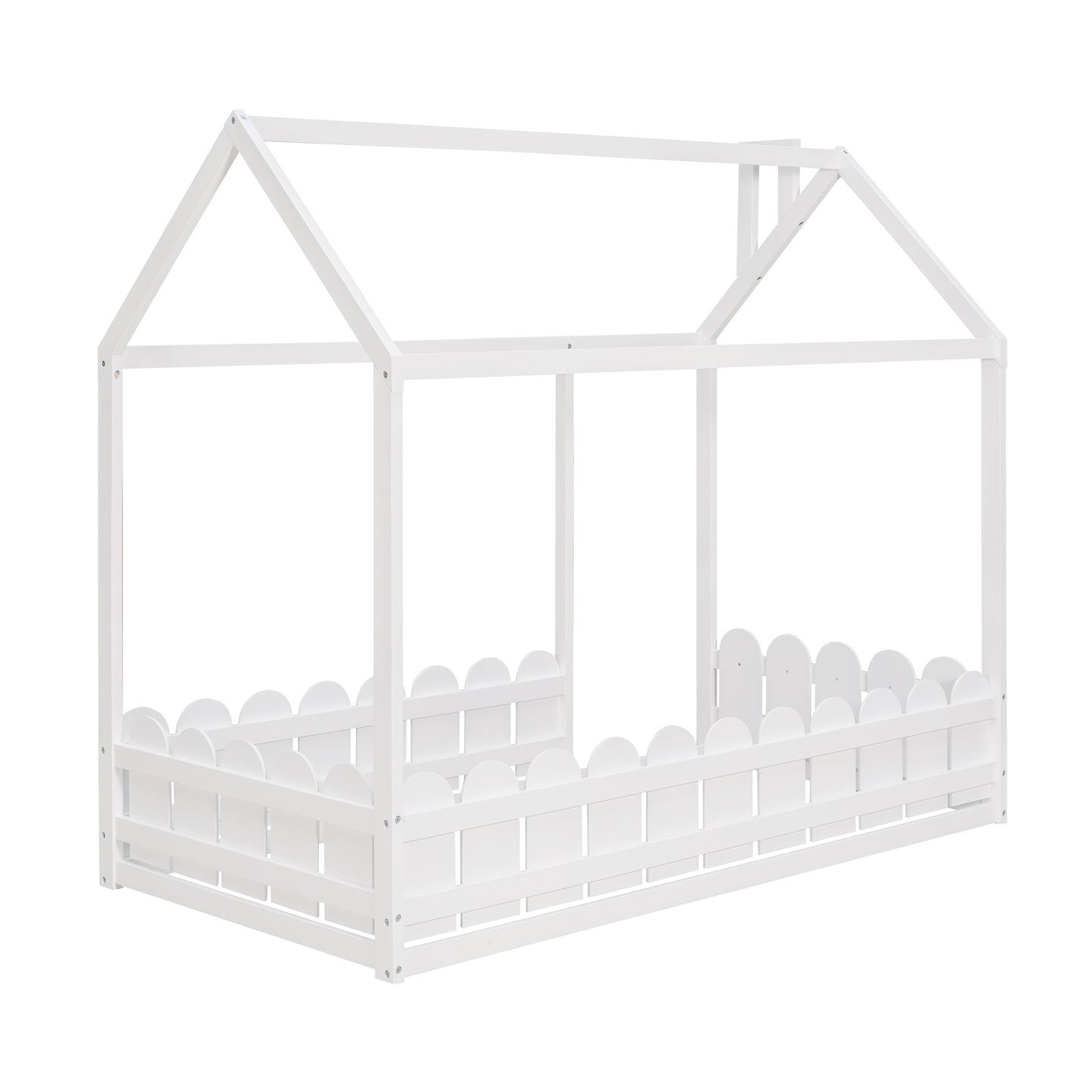 Twin Size Wooden House Bed Frame with Fence - Creative Sleep & Play Space for Kids, Teens, and Children - White Finish