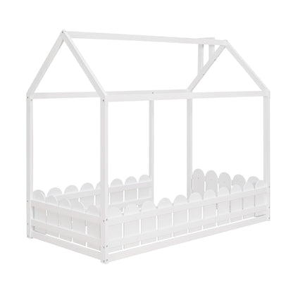 Twin Size Wooden House Bed Frame with Fence - Creative Sleep & Play Space for Kids, Teens, and Children - White Finish