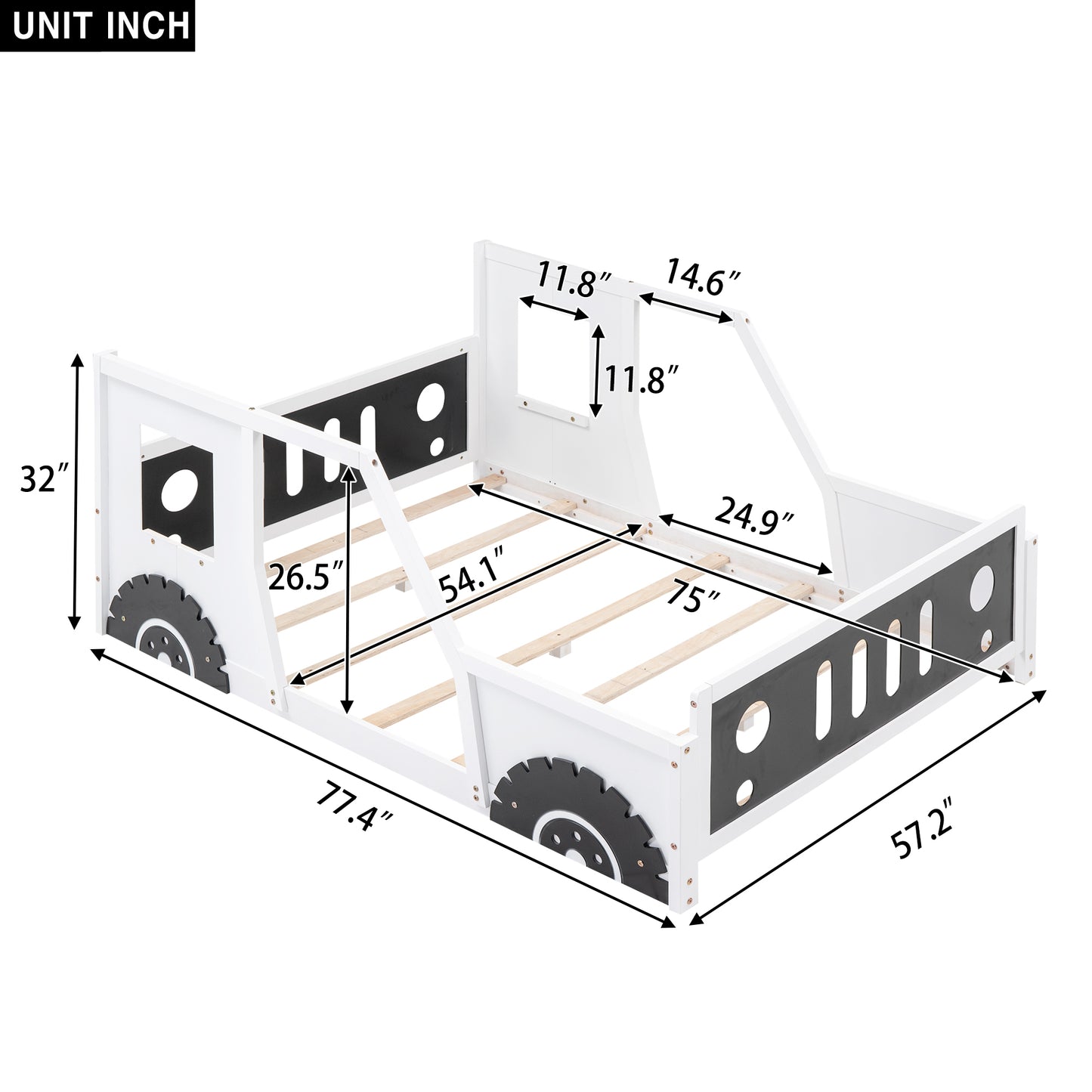 Classic Car-Themed Full Size Platform Bed with Wheels in White