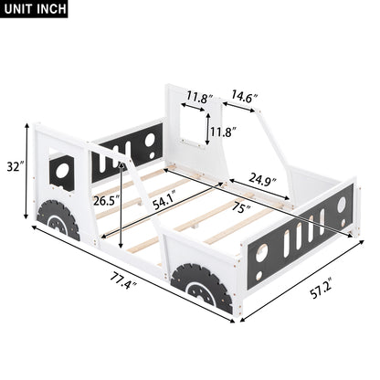 Classic Car-Themed Full Size Platform Bed with Wheels in White