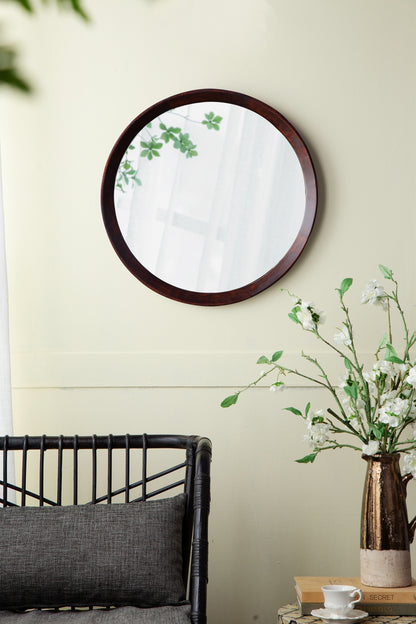 Round Transitional Mango Wood Wall Mirror - 20" Framed Accent for Bathroom and Entryway