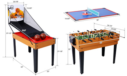 5-in-1 Game Table: Billiards, Ping Pong, Foosball, Basketball, Push Hockey; 43x24x32 in MDF+Steel Brown/Red