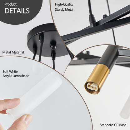 Modern Branch Chandelier with Frosted Tubes, Adjustable Pendant for Dining and Living Rooms Black & Gold