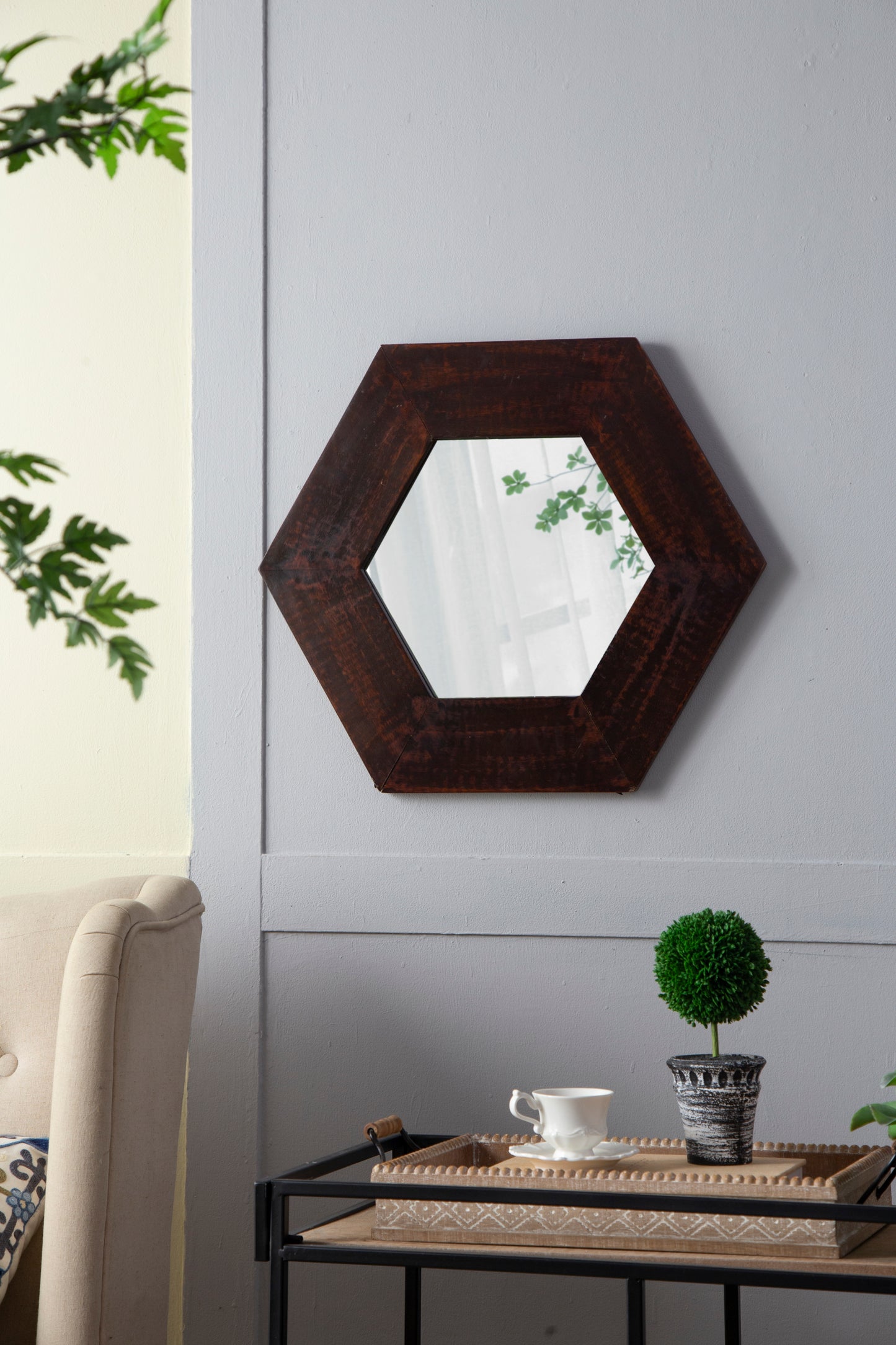 Hexagonal Teak Wood Framed Mirror - 18.5" Wall Decor for Living Room, Bathroom, or Hallway in Dark Brown