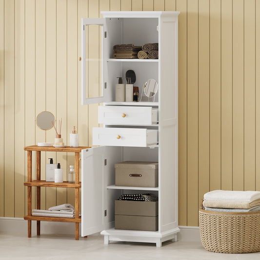 Elegant 63" Tall White Bathroom Storage Cabinet with Glass Doors, Two Drawers, Adjustable Shelves, and Anti-Tipping Design - Perfect for Organizing and Displaying Essentials