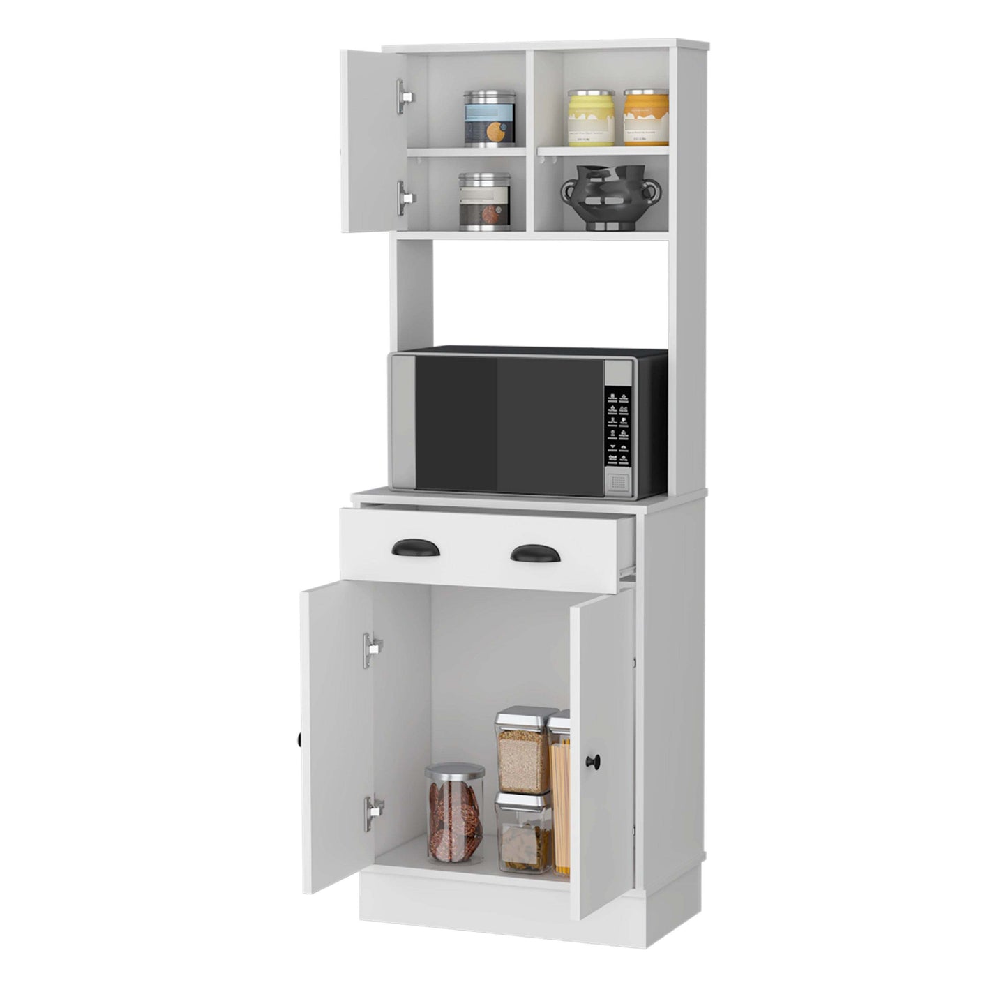 3-Door White Microwave Kitchen Cabinet with Drawer and Storage Shelves