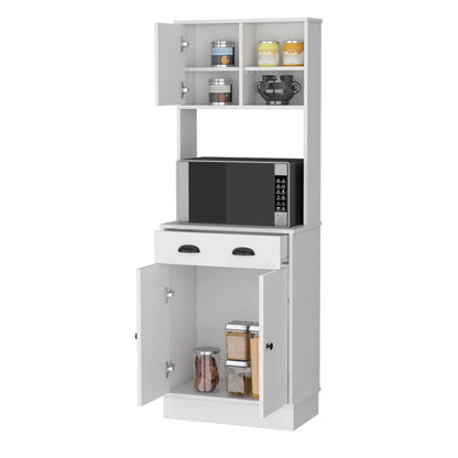 3-Door White Microwave Kitchen Cabinet with Drawer and Storage Shelves
