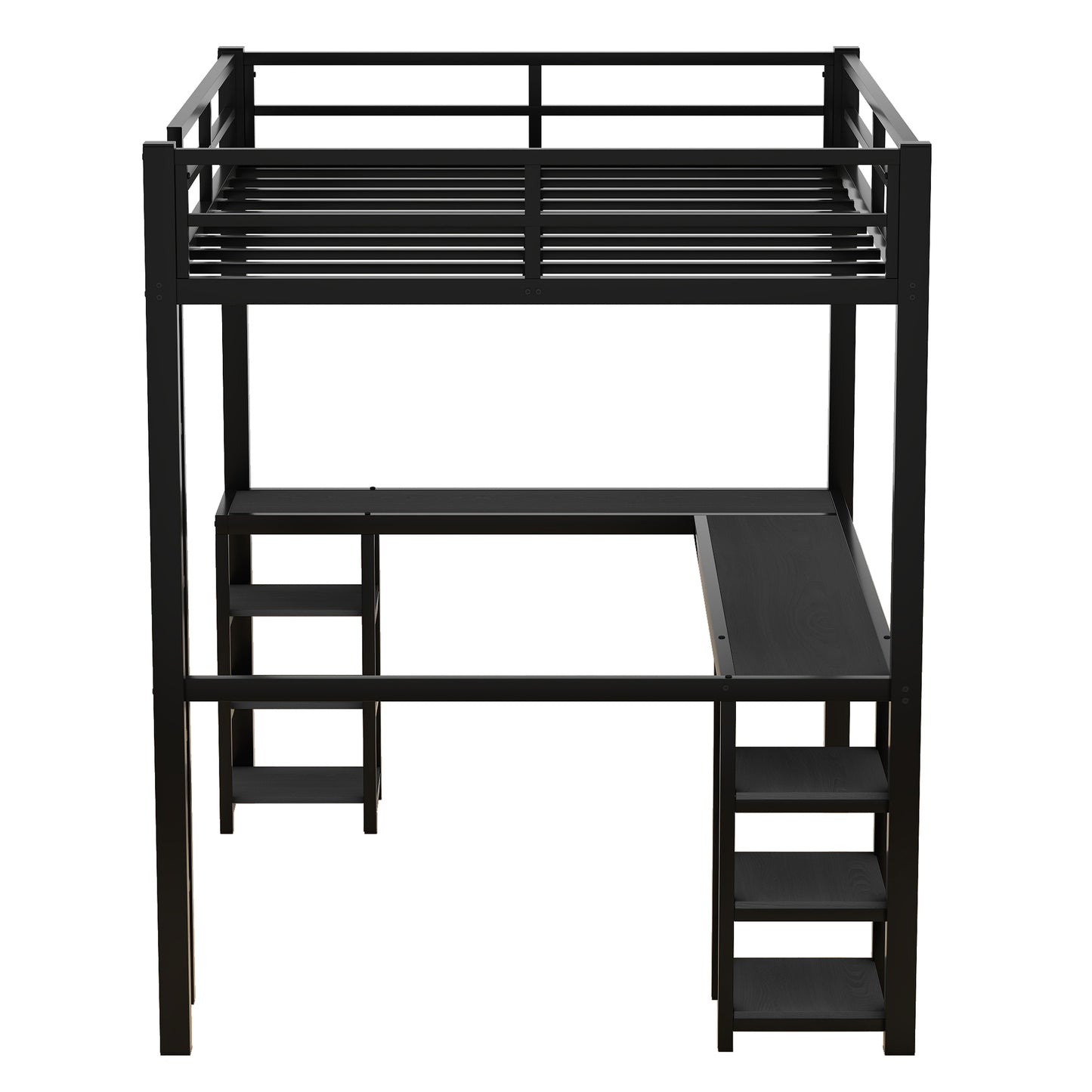 Stylish Black Metal Loft Bed with Integrated Desk and Storage Shelves