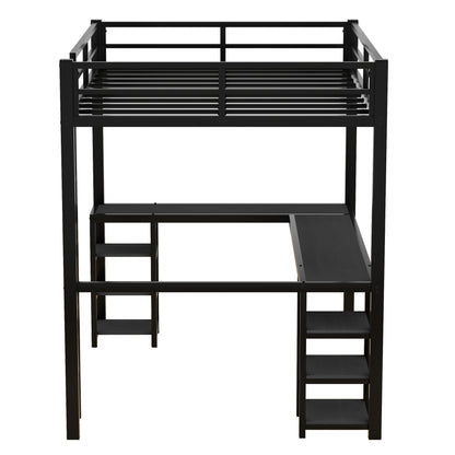 Stylish Black Metal Loft Bed with Integrated Desk and Storage Shelves