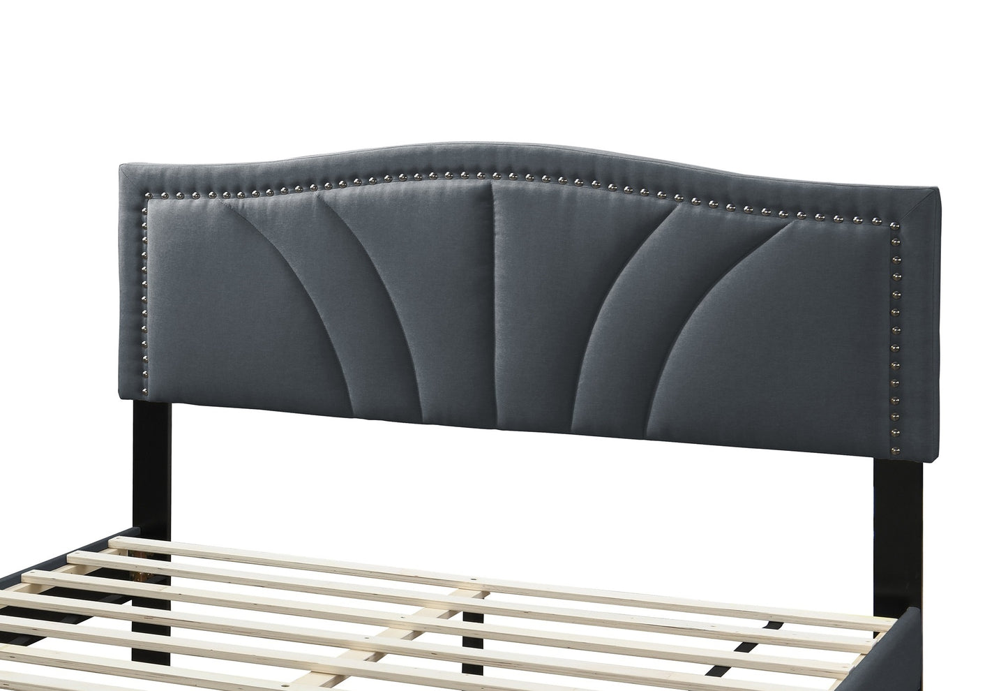 Chic Charcoal Burlap Queen Bed with Vintage Nailhead Trim Accents