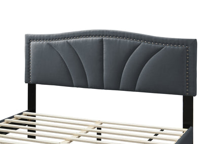 Chic Charcoal Burlap Queen Bed with Vintage Nailhead Trim Accents