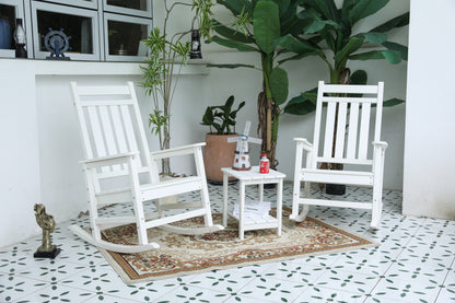 All Weather Outdoor Rocking Chair Set With Side Table Three Piece Rocking Chairs And Table WoodTexture Finish White