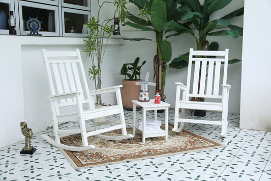 All Weather Outdoor Rocking Chair Set With Side Table Three Piece Rocking Chairs And Table WoodTexture Finish White