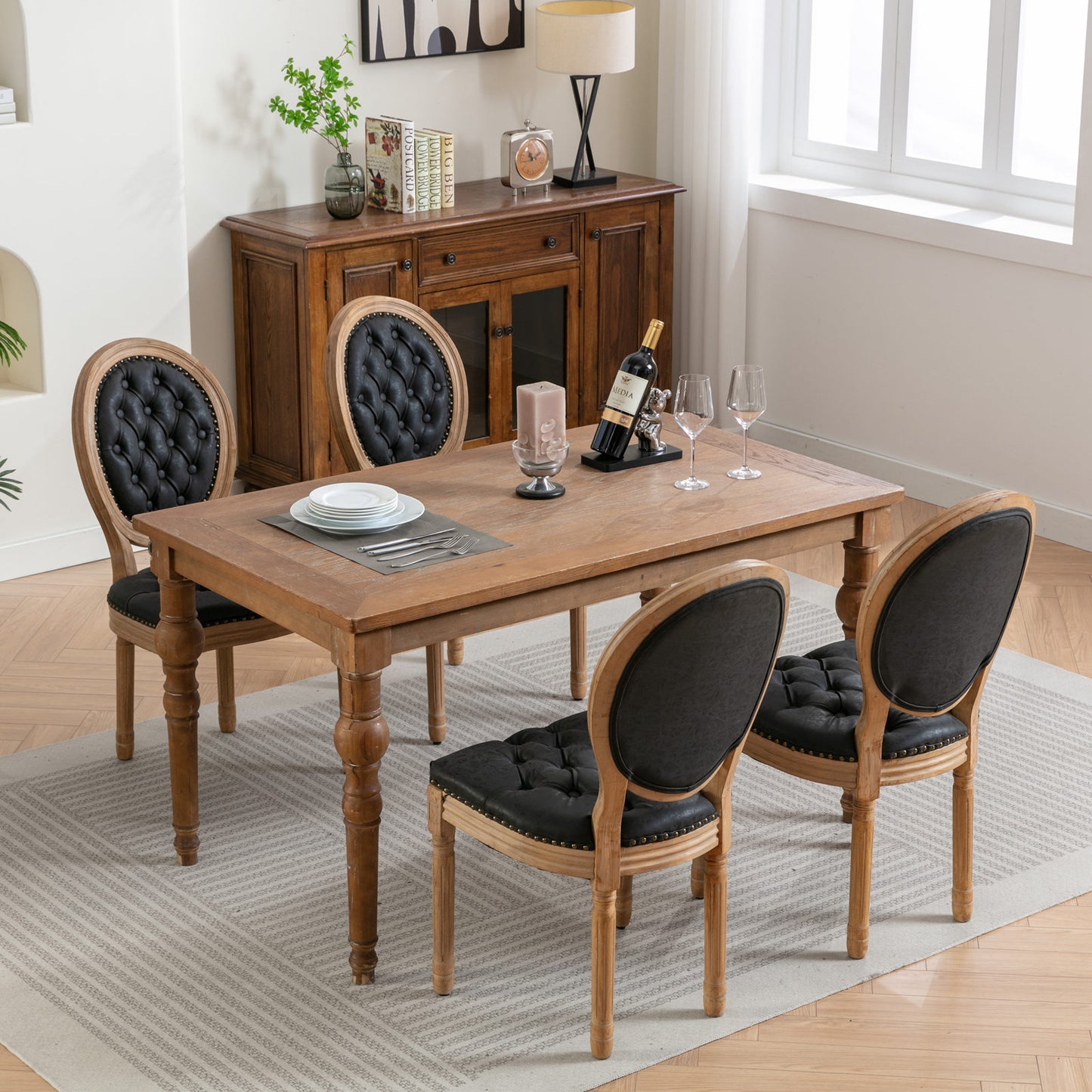 French Style Solid Wood Frame Dining Chairs Set of 2 with PU Leather, Nailhead Trim, Rubberwood, Black