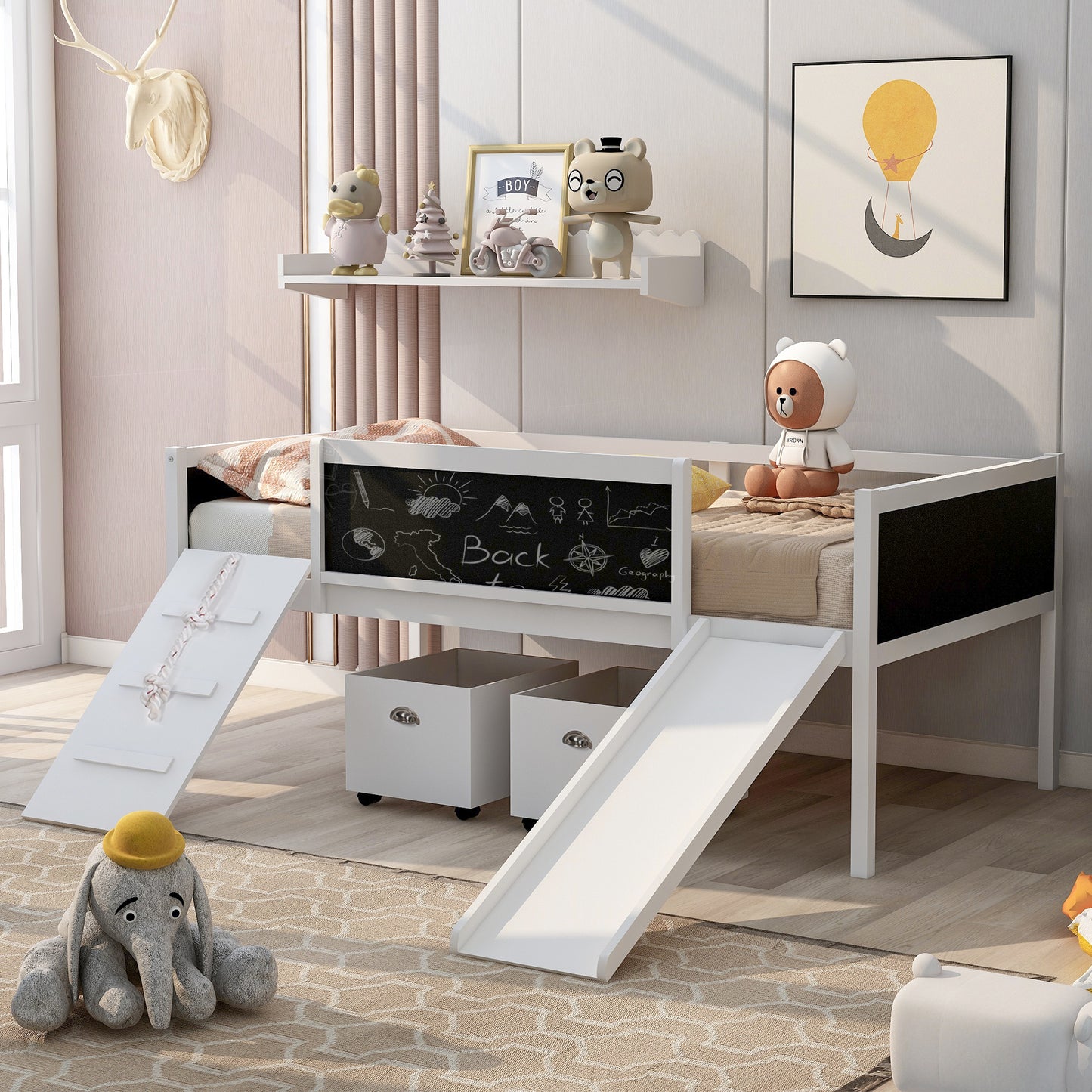 Creative Twin Loft Bed with Climbing Frame and Chalkboard - White