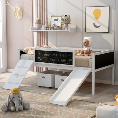 Creative Twin Loft Bed with Climbing Frame and Chalkboard - White