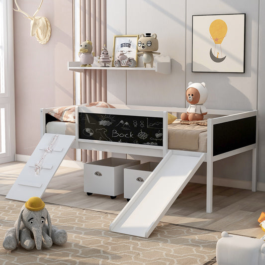 Creative Twin Loft Bed with Climbing Frame and Chalkboard - White