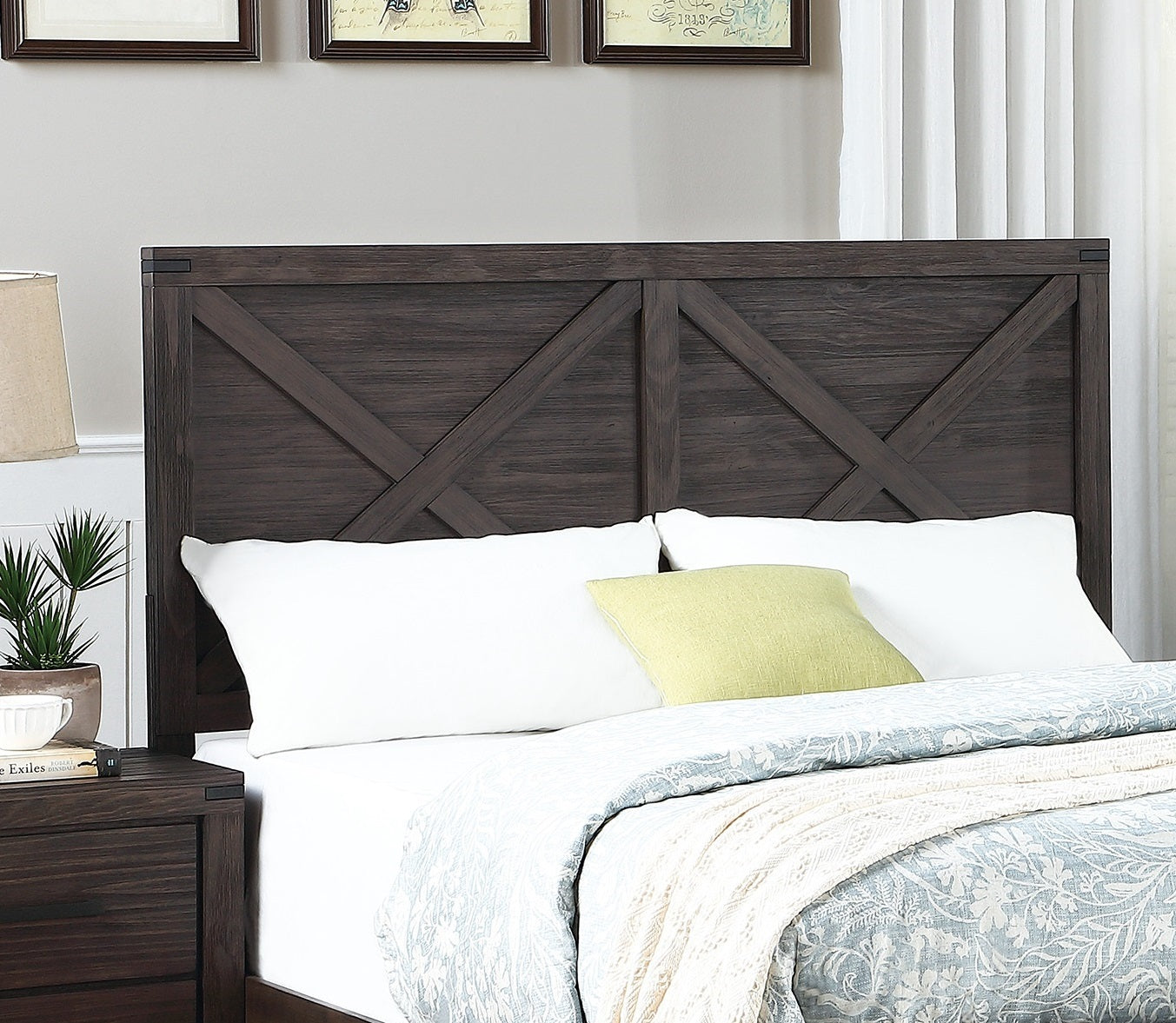 Rustic Elegance Queen Size Bed with Unique X-Design Headboard - Espresso Wooden Bedroom Furniture