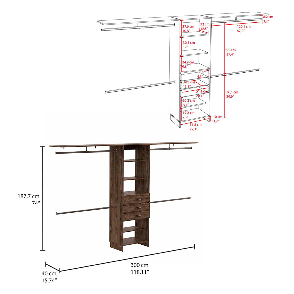Plego Adjustable Drawers Closet System with Five Shelves and Four Hanging Rods - Dark Walnut Finish