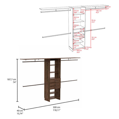 Plego Adjustable Drawers Closet System with Five Shelves and Four Hanging Rods - Dark Walnut Finish
