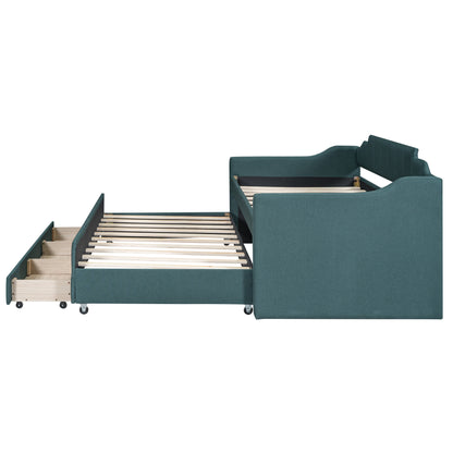 Green Twin Size Upholstered Daybed with Trundle and Storage Drawers