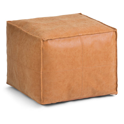 Square Ottoman Pouf 18x18x14 in, Faux Leather with Bead Fill, Living Room Accent, Distressed Brown