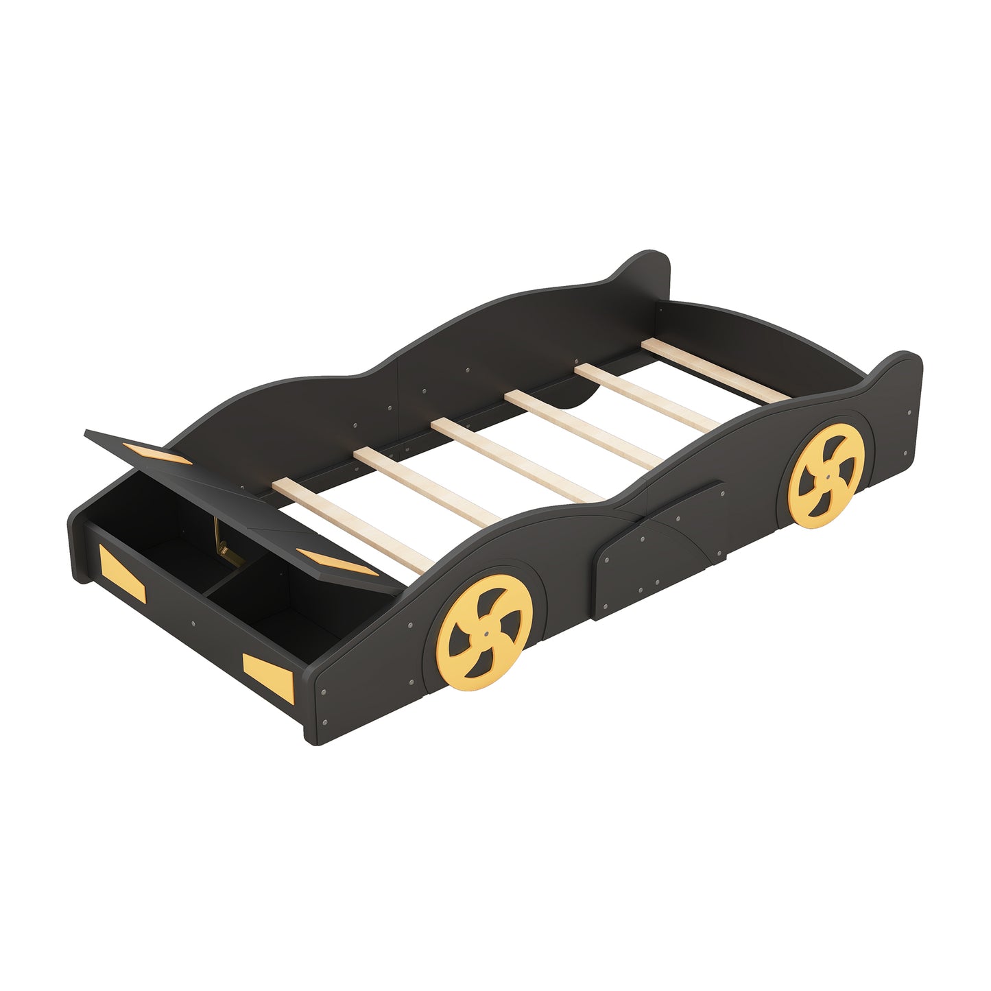 Twin Size Race Car Platform Bed with Storage and Wheels in Black and Yellow