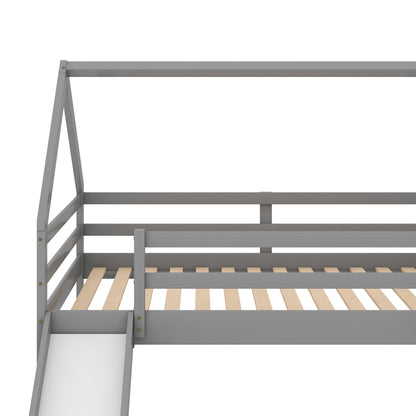 Gray Twin Bunk House Bed with Slide and Ladder for Kids